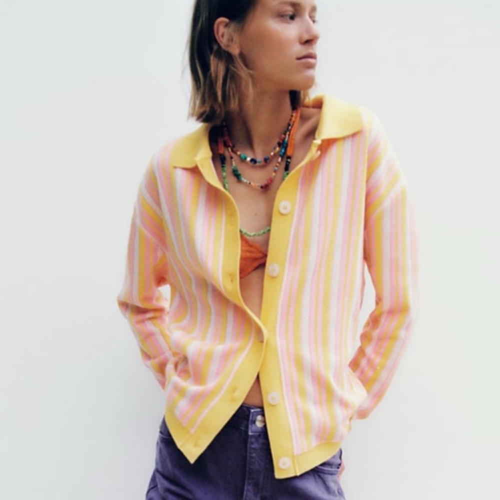 Zara Sweater S Small Yellow Pink Striped Pastel Cardigan